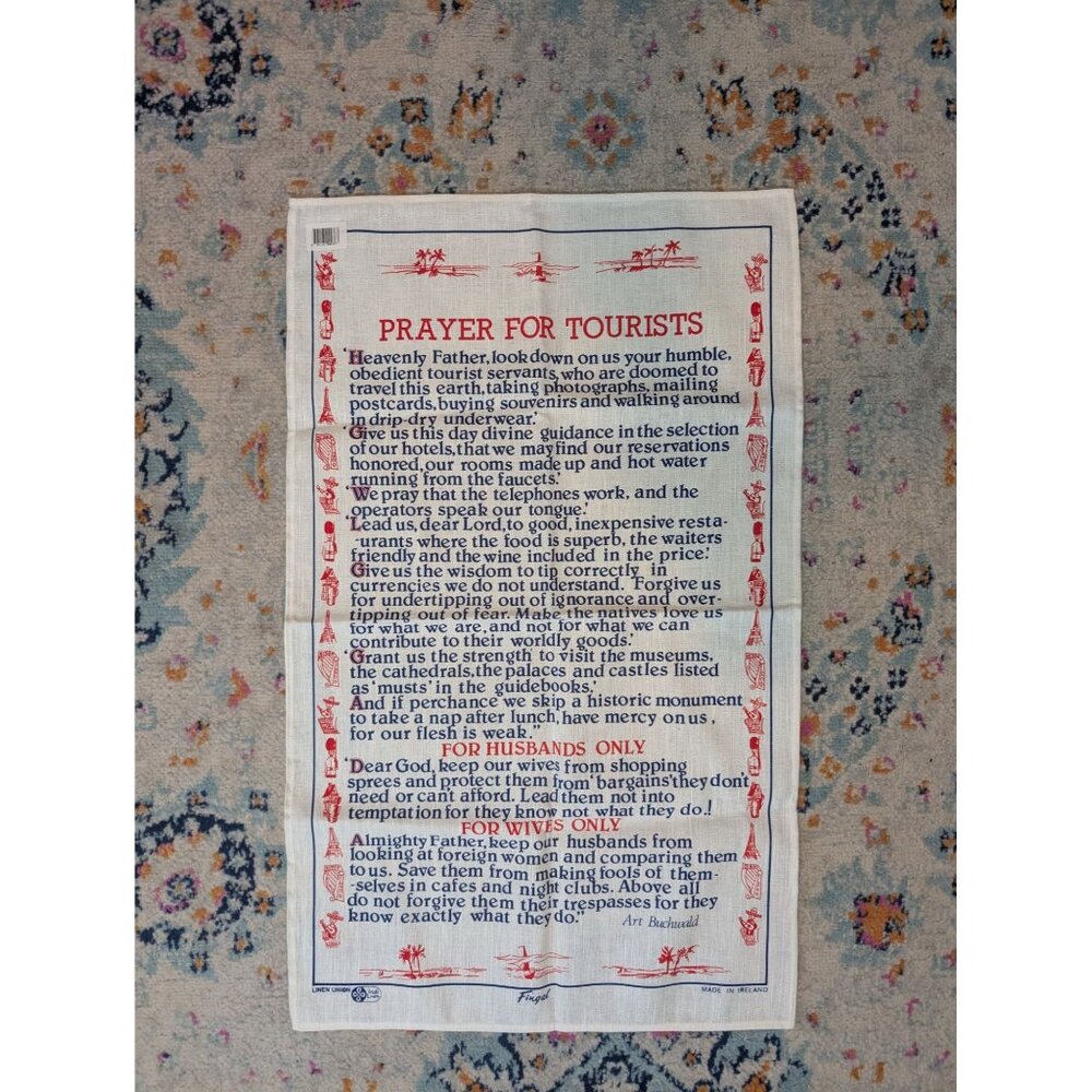 Vintage Fingal Irish Linen Souvenir Tea Towel Prayer for Tourists - Art Buchwald